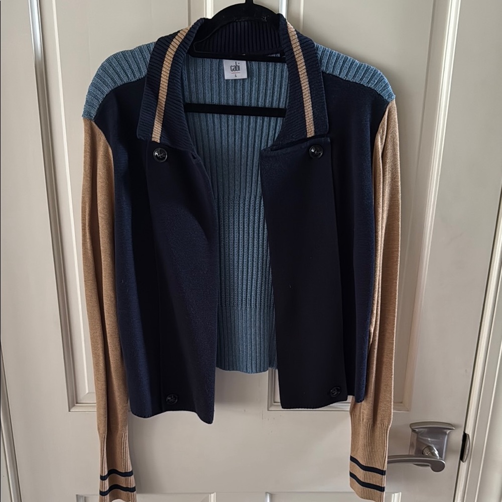 CAbi Navy and Tan Cardigan